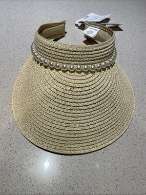 Anne Klein Straw Pearl-Trim Visor in Natural